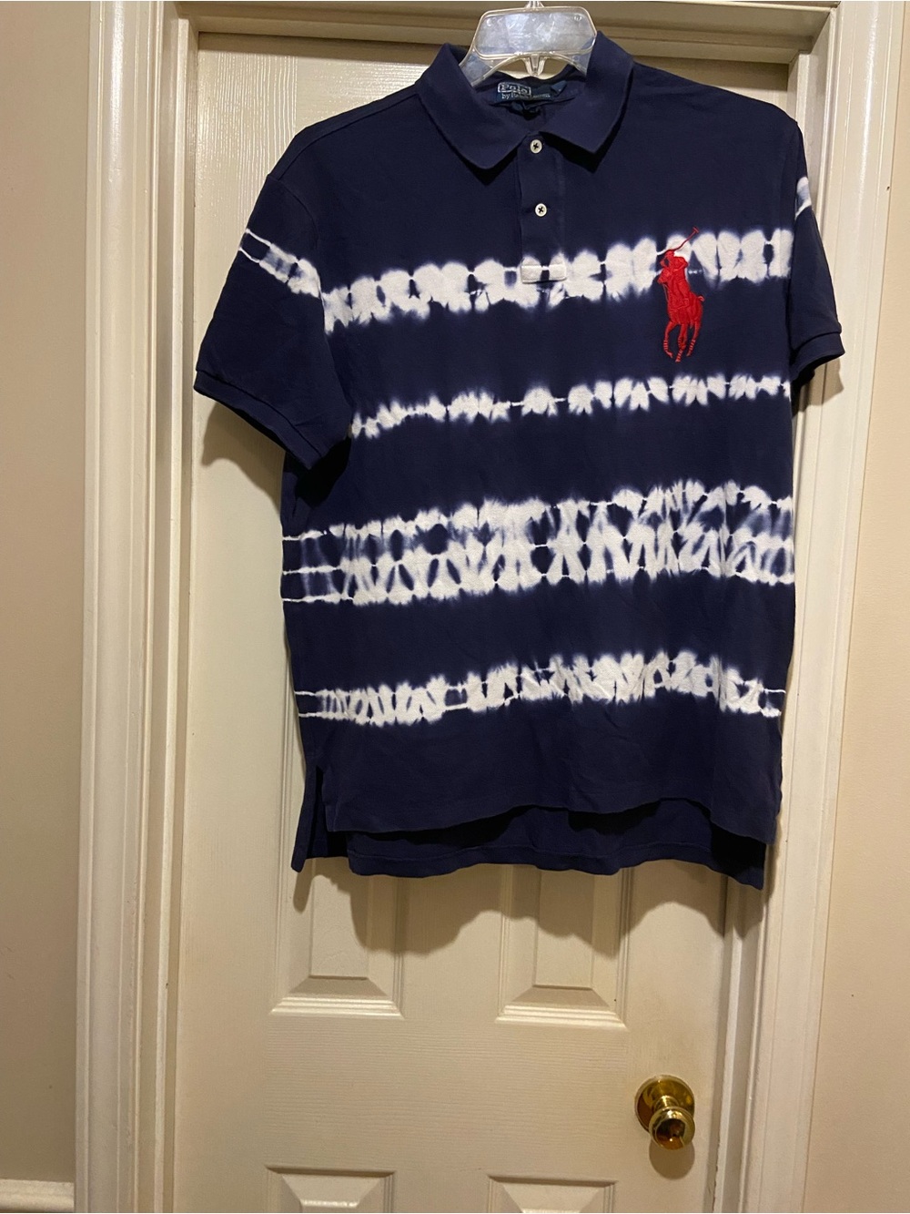 Ralph Lauren Navy Blue & White Tie-Dye Polo with Red Logo